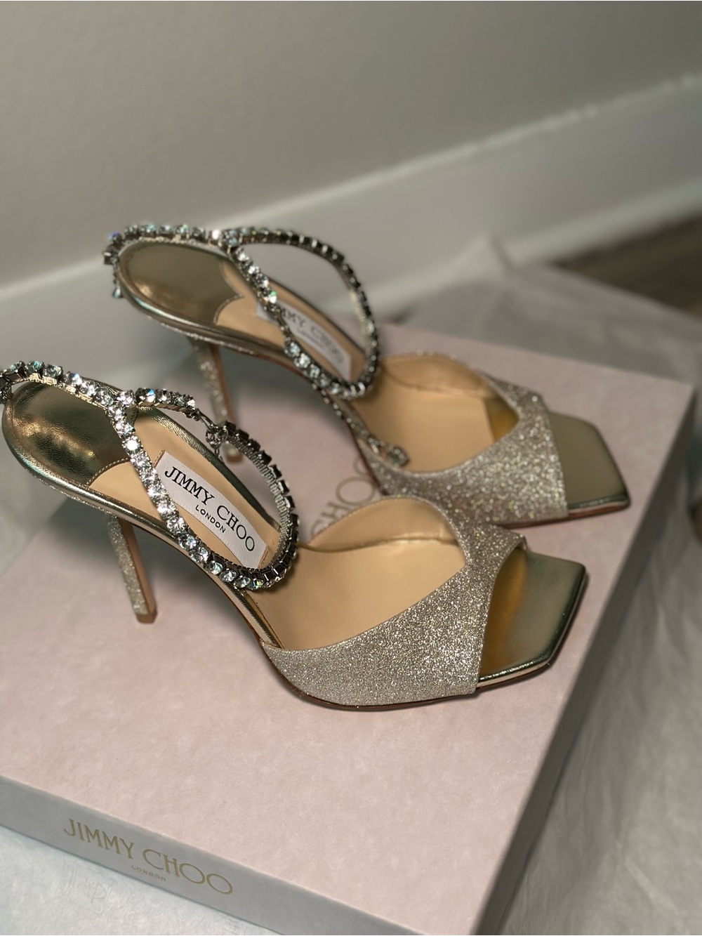 Jimmy Choo Gold Glitter Open-Toe Heels with Crystal Ankle Straps - Picture 2 of 7